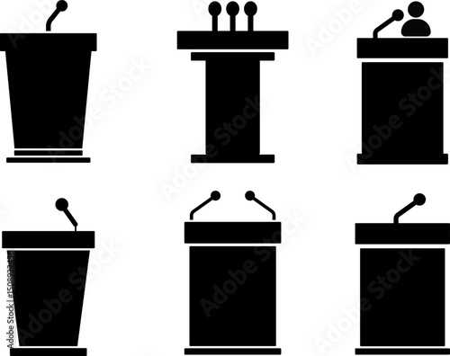pulpit icon set. Podium tribune with microphone icons. public speaking symbol. Conference speech tribune. speech podium. Mass media concept
