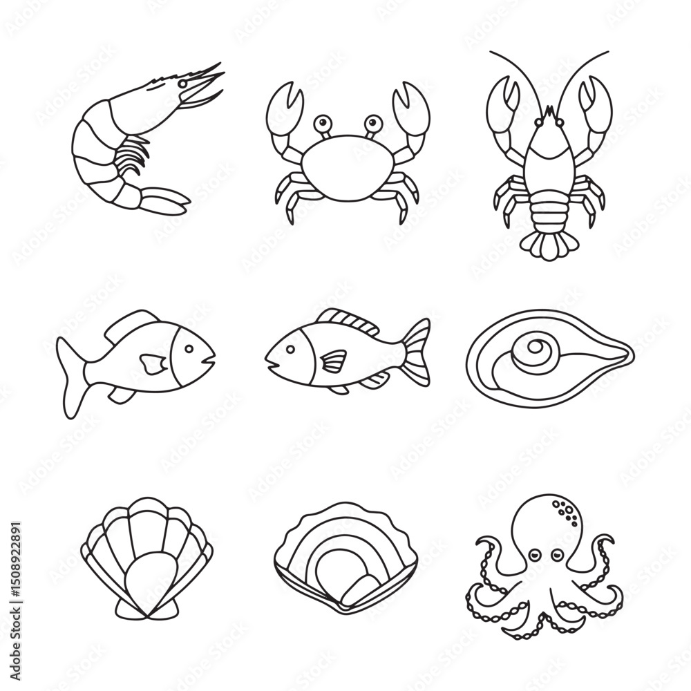 Obraz premium Collection of Seafood Line Art Illustrations Shrimp, Crab, Lobster, Fish, Oyster, Shell, Octopus