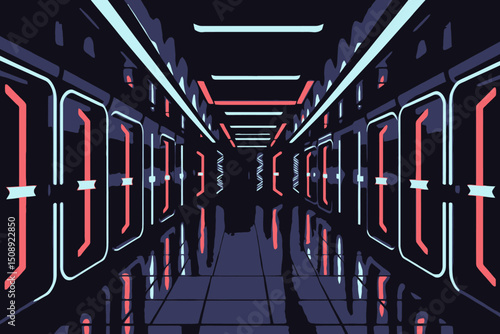 Futuristic Corridor with Neon Lights - Sci-Fi Interior Design - Modern Architecture and Technology - Dark Hallway with Glowing Elements - Explore This Visionary Space