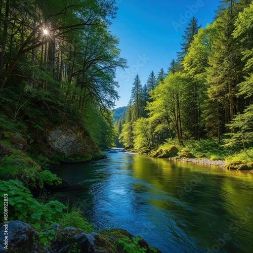 Clean river in green forest under blue sky | nature landscape | world environment day | environment day poster | world environment day drawing 4k hd high quality nature wallpaper background