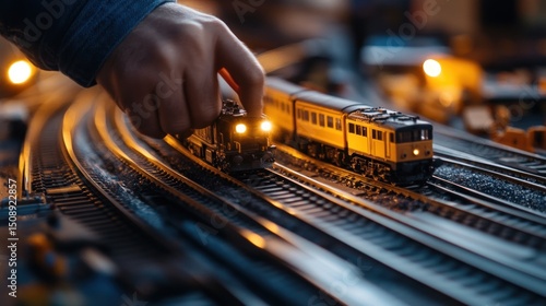 Child's hand guiding a model train on a miniature railway track at night.