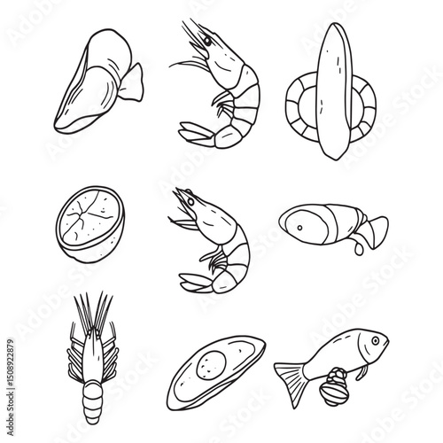 Delicious Seafood Line Art Illustrations Shrimp, Fish, and Lemon