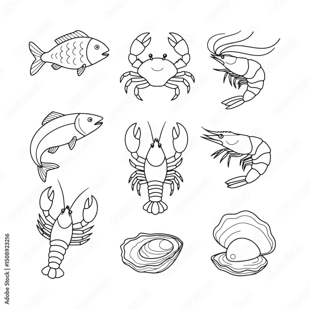 Collection of Seafood Line Drawings Fish, Crab, Shrimp, Lobster, Oyster Illustrations Collection of Seafood Line Drawings Fish, Crab, Shrimp, Lobster, Oyster Illustrations