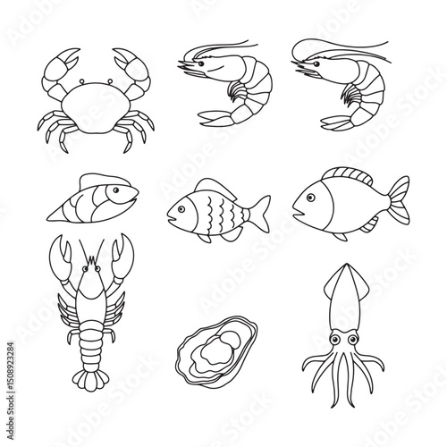 Collection of Line Art Sea Creatures Shrimp, Crab, Fish, Lobster, Oyster, and Squid Illustrations