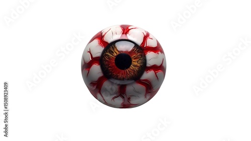 A single, highly detailed and realistic toy eyeball with a bloodshot white sclera, pronounced red veins, and a striking brown and yellow iris surrounding a deep black pupil. 