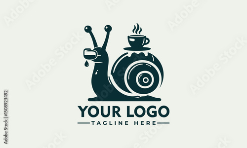 Whimsical snail carrying a coffee cup and coffee bean on its shell
