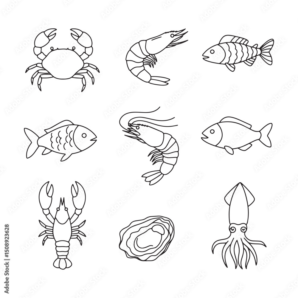 Collection of Seafood Line Art Illustrations Crab, Shrimp, Fish, Lobster, Oyster, Squid Collection of Seafood Line Art Illustrations Crab, Shrimp, Fish, Lobster, Oyster, Squid