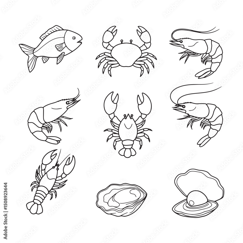 Sea Creatures Line Art Shrimp, Crab, Fish, and Oyster Illustrations Sea Creatures Line Art Shrimp, Crab, Fish, and Oyster Illustrations