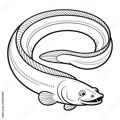 European Eel Coloring Page, Silhouette, Vector, Illustration, Outline, Logo, White Background.