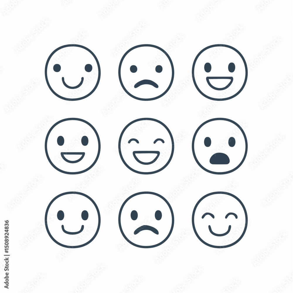 Minimalist Vector Emoji Set with Thin Line Expressions in Flat Design Minimalist Vector Emoji Set with Thin Line Expressions in Flat Design