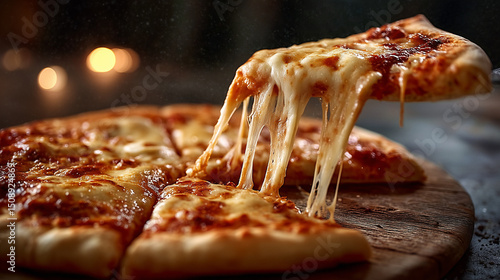 Frisch gebackene Käsepizza mit geschmolzenem Mozzarella – heiß serviert auf Holzbrett mit deftigem Käsefaden beim Herausheben eines Stücks, perfektes Motiv für Genuss, Werbung und Gastronomie

