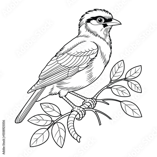 Bali Myna bird on branch Coloring Page, Silhouette, Vector, Illustration, Outline, Logo, White Background.