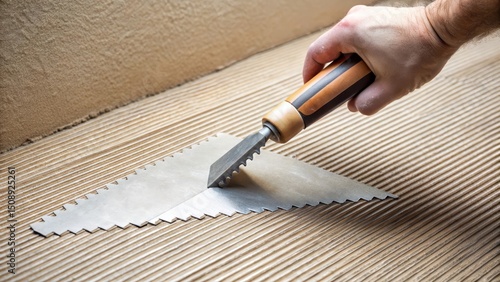 A notched trowel is used to apply adhesive mortar to a surface, spreading it evenly and smoothly, adhesive mortar, surface treatment