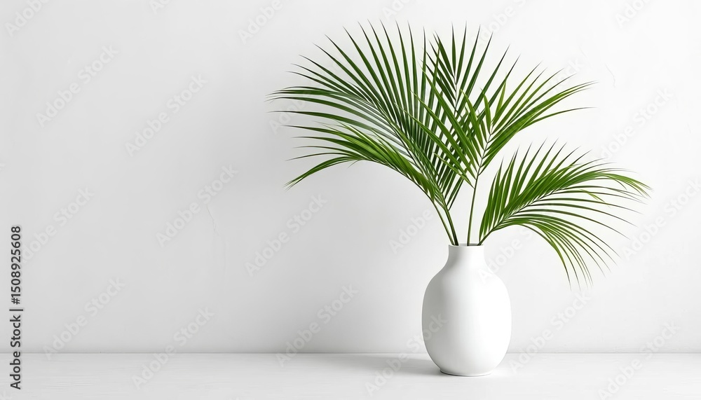 Clean white vase, minimalist palm plant, textured wall backdrop, style, vase Clean white vase, minimalist palm plant, textured wall backdrop, style, vase