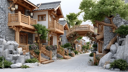 Traditional chinese village pathway lined with flowering shrubs and ornate timber windows high resolution photo