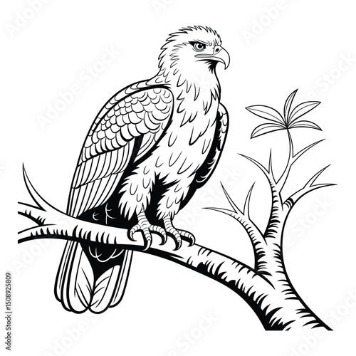 Philippine Eagle in tree Coloring Page, Silhouette, Vector, Illustration, Outline, Logo, White Background.