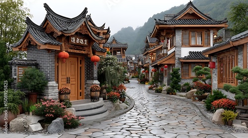 Tranquil chinese town alley with red lanterns and garden homes lining the walkway high resolution photo