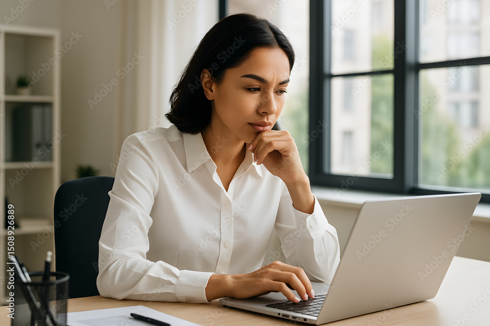 Focused Professional at Work: A diligent woman concentrates intensely on her laptop at a tidy desk. Bathed in natural light, she epitomizes the essence of productive work from home. Focused Professional at Work: A diligent woman concentrates intensely on her laptop at a tidy desk. Bathed in natural light, she epitomizes the essence of productive work from home.