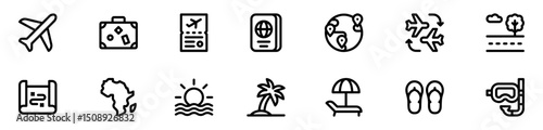 Travel icon set. Tour and travel icon set. Travel and tour icons set. Tourism vector icon. Travel and tourism linear icon set with editable stroke. Vector Illustration.
