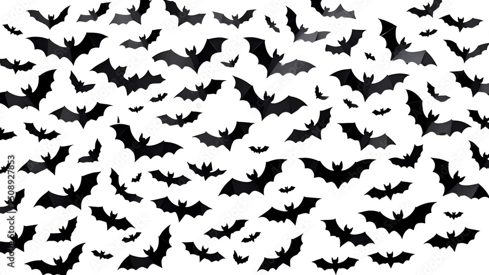 Naklejka premium A dynamic and dense pattern of various black bat silhouettes flying and scattered across a clean white background.