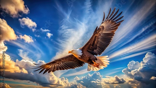 A majestic eagle in flight with outstretched wings against a bright blue sky with white clouds , patriotic eagle soaring, wide open spaces