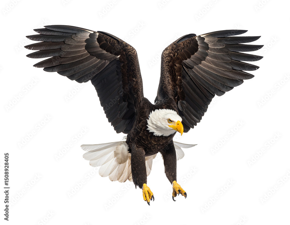 Obraz premium Majestic Bald Eagle in Flight with Wings Spread, Isolated on , Transparent PNG