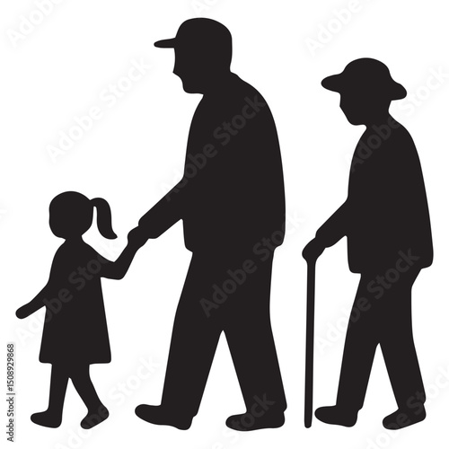 Grandparents Walking with Grandchild A Black and White Silhouette Illustration