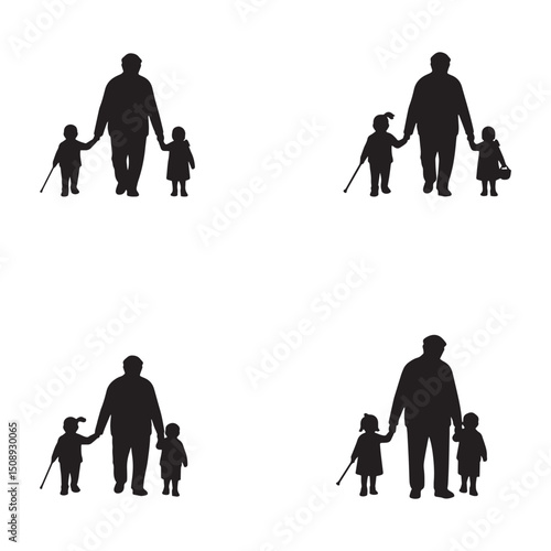 Grandfather Walking with Grandchildren Silhouette Illustrations of Family Bonds