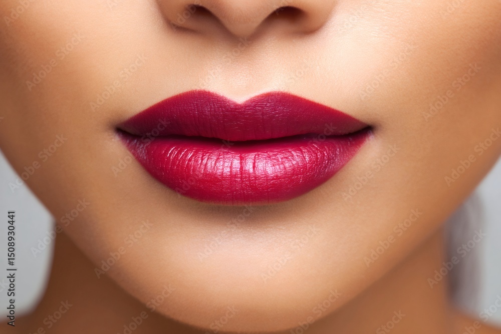 Fototapeta premium Woman showing red lipstick on full lips makeup closeup