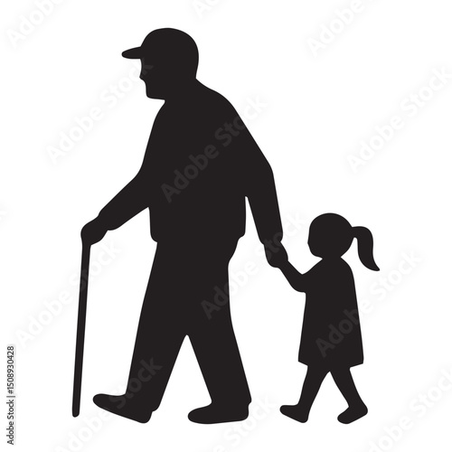 Silhouette of Grandfather and Granddaughter Walking Hand-in-Hand, Intergenerational Bond