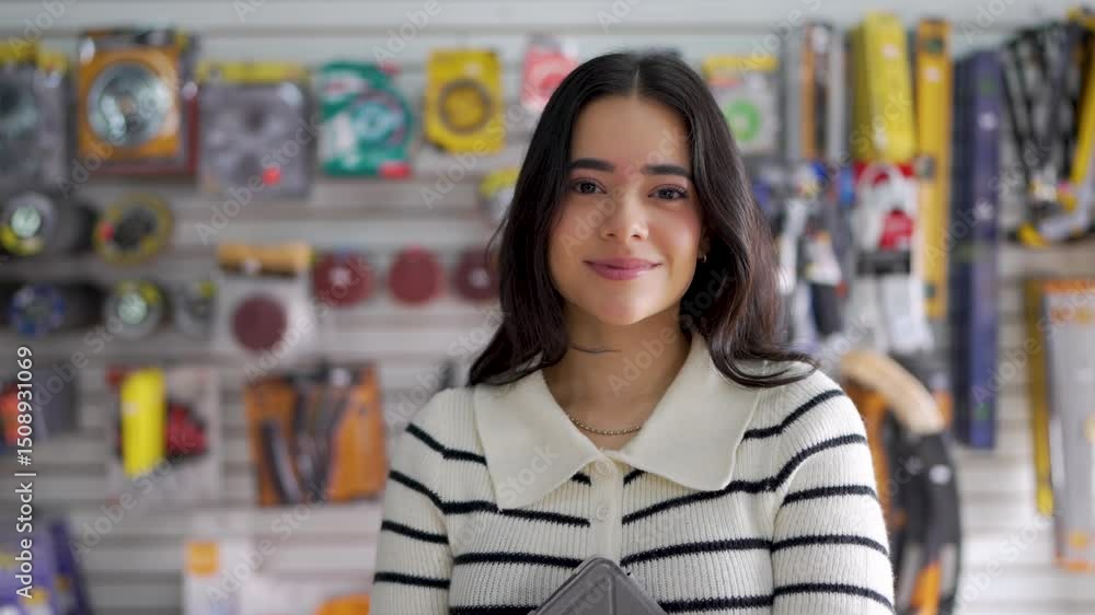 Young saleswoman smiling at the camera in a hardware store Young saleswoman smiling at the camera in a hardware store