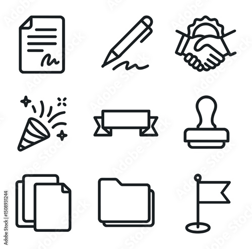 Agreement Icons Set. Outline icon set of closing and agreement: signed contract, pen signature, handshake seal, celebration
