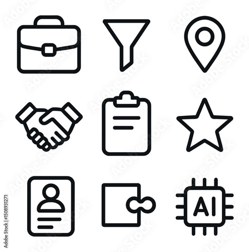 AI Job Icon Set. Outline icon set of AI job matching engine: briefcase, filter funnel, location pin, clipboard, handshake, star,