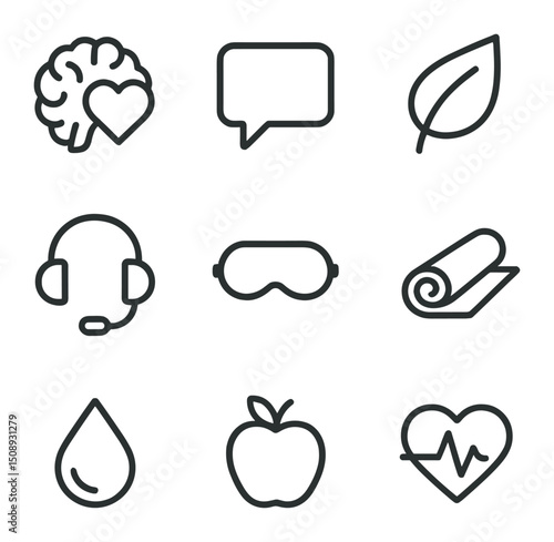 AI Well-being Icons. Outline icon set of AI well-being support: brain with heart, chat bubble, leaf, headset, sleep mask, yoga mat