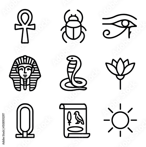 Ancient Egyptian Icon Set. Outline icon set of ancient Egyptian symbols: ankh cross, scarab beetle, eye of Horus, pharaoh’s mask,