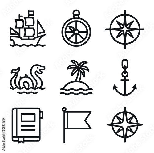 Age of Discovery Icons. Outline icon set of age of discovery: sailing ship, astrolabe, chart compass, sea monster, island