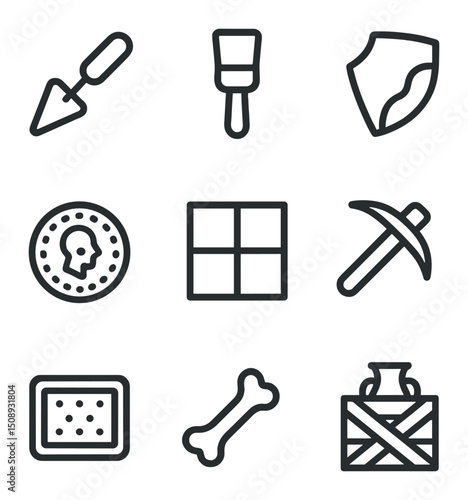 Archaeological Tool Icons. Outline icon set of archaeological digs: trowel, brush, pottery shard, ancient coin, trench grid,