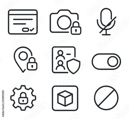 App Permissions Icons. Outline icon set of app permissions & privacy: permission dialog, camera with lock, microphone mute,