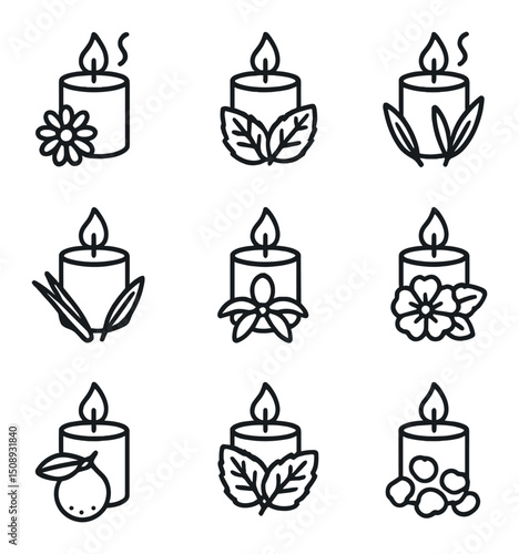 Aromatherapy Candle Icons. Outline icon set of aromatherapy candles: chamomile candle, peppermint candle, tea tree candle,