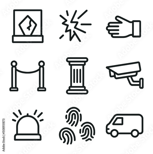 Artifact Theft Icons. Outline icon set of stolen artifact theft: display case, shattered glass, gloved hand, velvet rope, museum