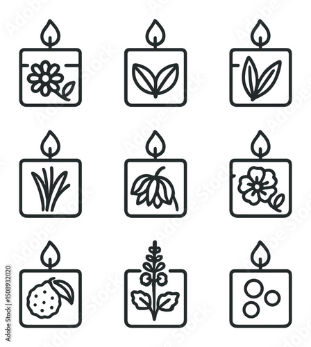 Aromatherapy Candle Icons. Outline icon set of aromatherapy candles: chamomile candle, peppermint candle, tea tree candle,