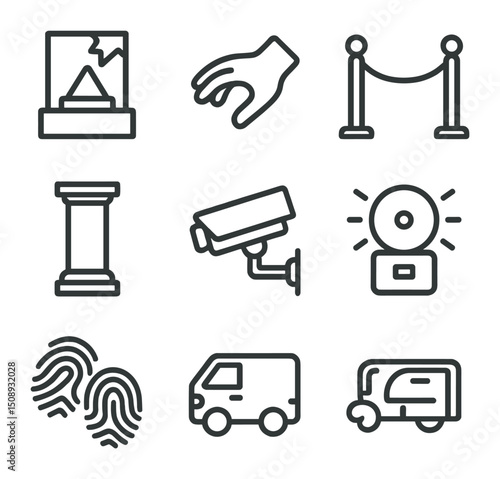 Artifact Theft Icons. Outline icon set of stolen artifact theft: display case, shattered glass, gloved hand, velvet rope, museum