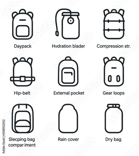 Backpack Icon Set. Outline icon set of backpacks and storage: daypack, hydration bladder, compression straps, hip belt, external