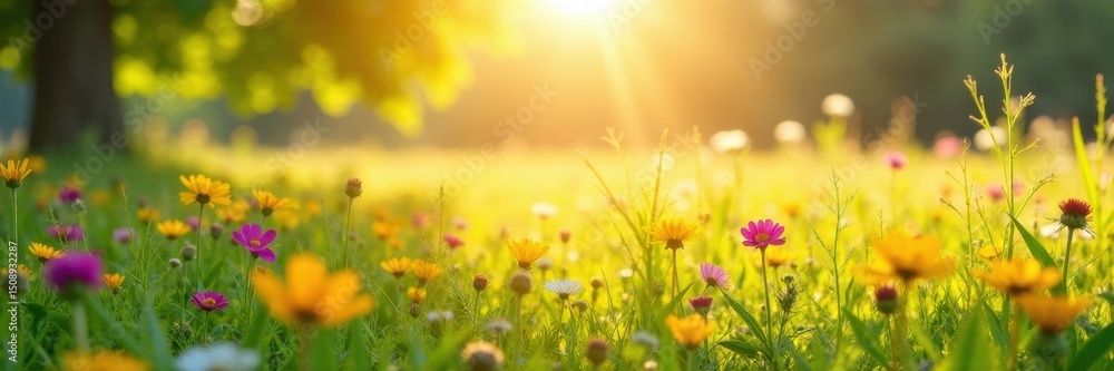 Sunlit meadow, wildflowers in bloom, copy space above , sun, serenity, rural Sunlit meadow, wildflowers in bloom, copy space above , sun, serenity, rural