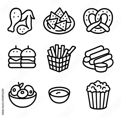 Bar Snack Icons. Outline icon set of bar snacks: chicken wings, nachos plate, pretzel, sliders, fries basket, mozzarella sticks,