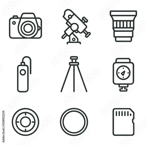 Astrophotography Icons Set. Outline icon set of astrophotography components: DSLR camera, equatorial mount, wide-angle lens,