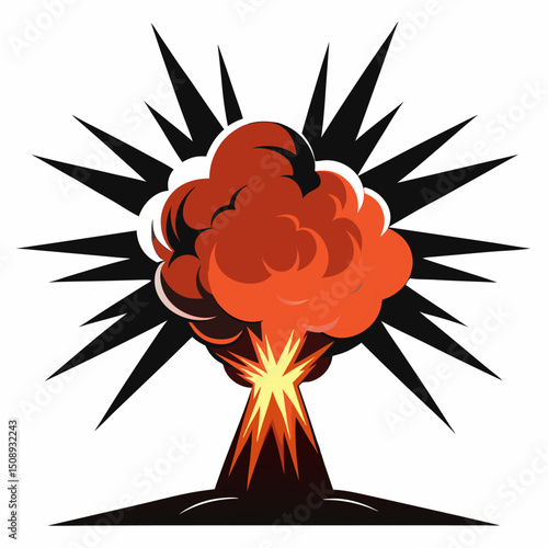 Bomb explosion vector. Atomic explosion with smoke, flame and particles cartoon illustration