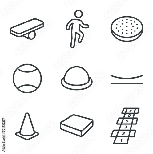 Balance Drill Icons. Outline icon set of balance and stability drills: balance board, single-leg stand, wobble cushion, stability