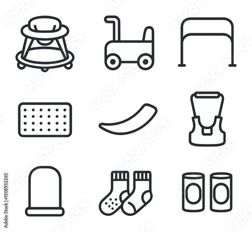 Baby Walker Icon Set. Outline icon set of baby walkers and support: baby walker, push cart, hand rail, anti-slip mat, balance