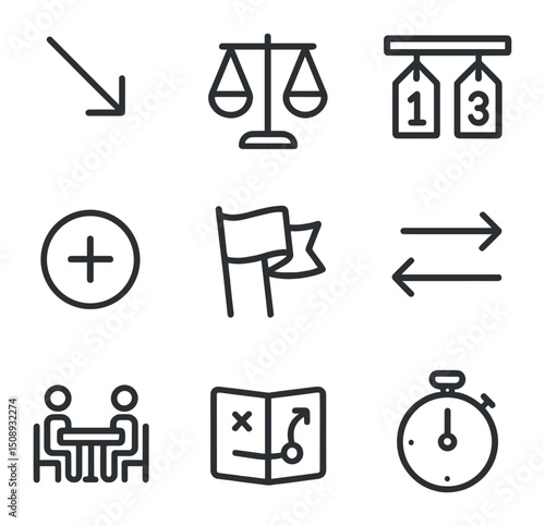 Bargaining Tactics Icons. Outline icon set of bargaining and concession tactics: concession arrow, trade-off scales, offer counter